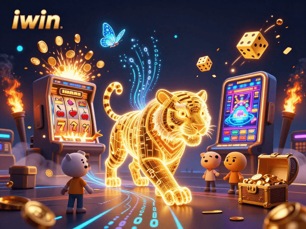 Experience the thrill of iwin with a vibrant 3D casino scene featuring a golden tiger and slot machine jackpot.