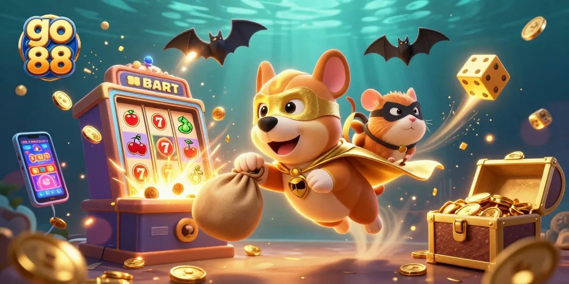 Experience the excitement of go 88 as the superhero dog soars over a vibrant casino scene!