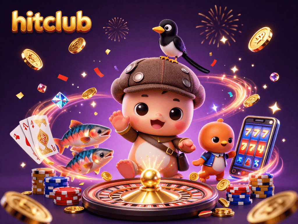Experience hitclub's thrilling casino scene featuring cartoon Nessie, festive coins, and vibrant gaming elements.