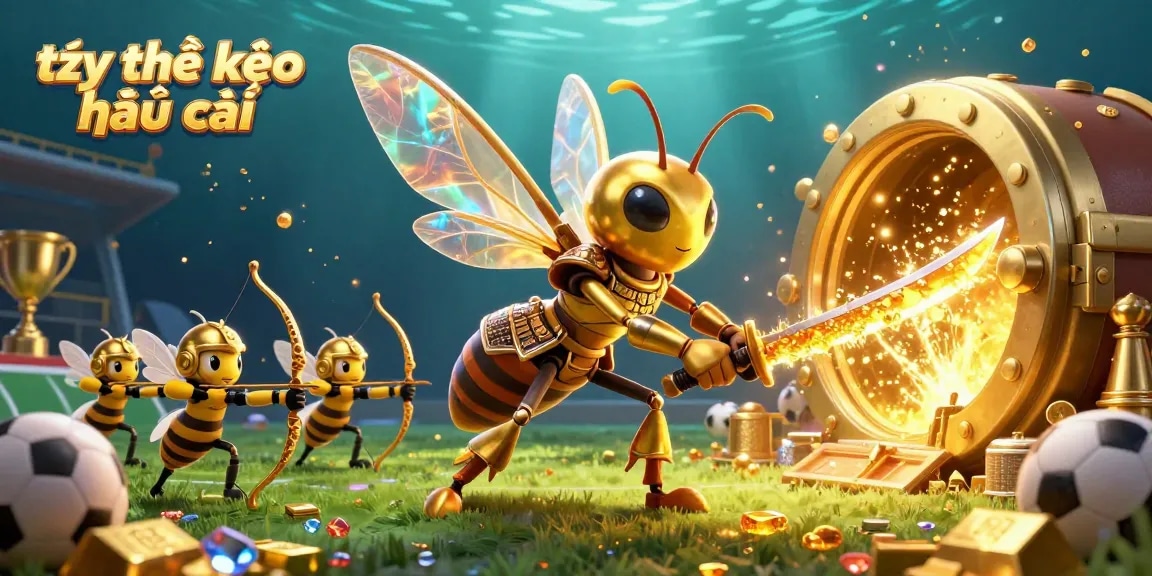 Experience thrilling tỷ lệ kèo nhà cái action with a dynamic sports betting illustration featuring gold, gems, and energetic characters.