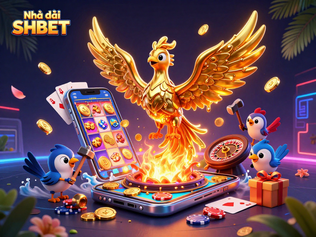 Experience the thrill of Nhà cái SHBET with a golden phoenix and exciting casino elements.