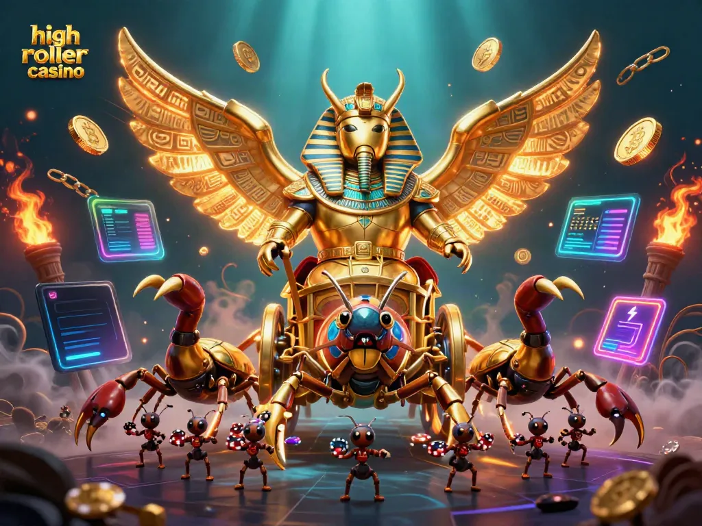 Experience thrilling gameplay at a high roller casino featuring golden scarab beetles and Bitcoin coins.