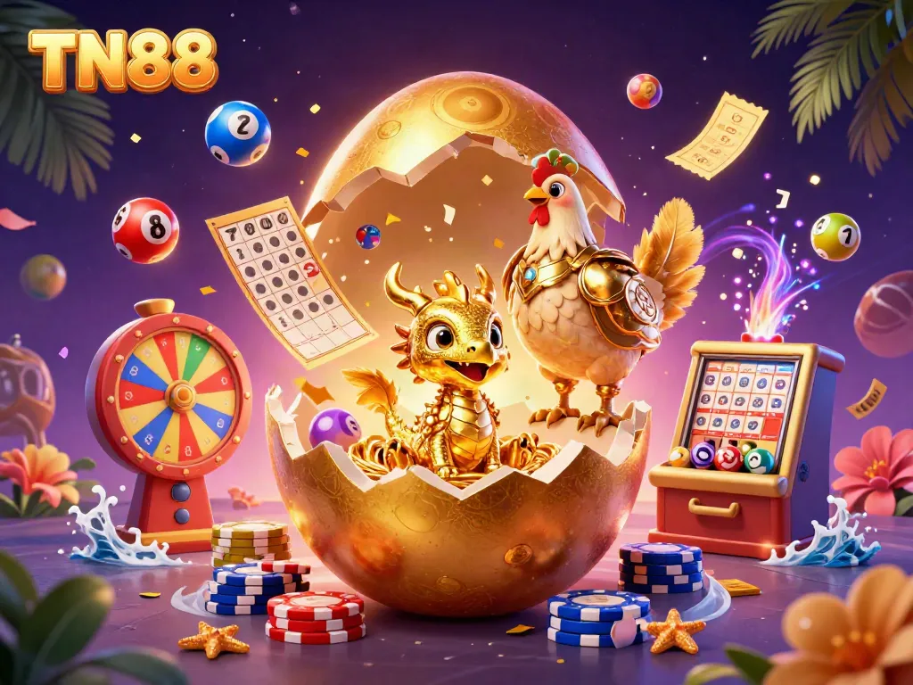 Experience excitement with TN88, featuring a golden dragon and casino elements in a dynamic scene.