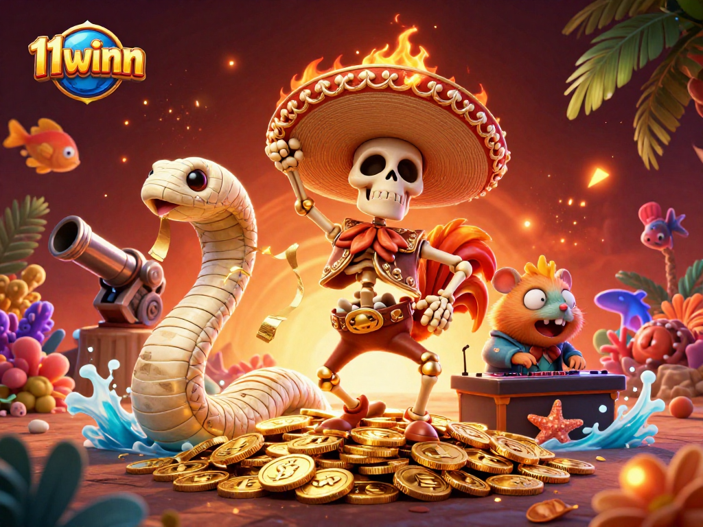 Experience thrilling fish shooting at 11winn with vibrant characters celebrating on gold coins.