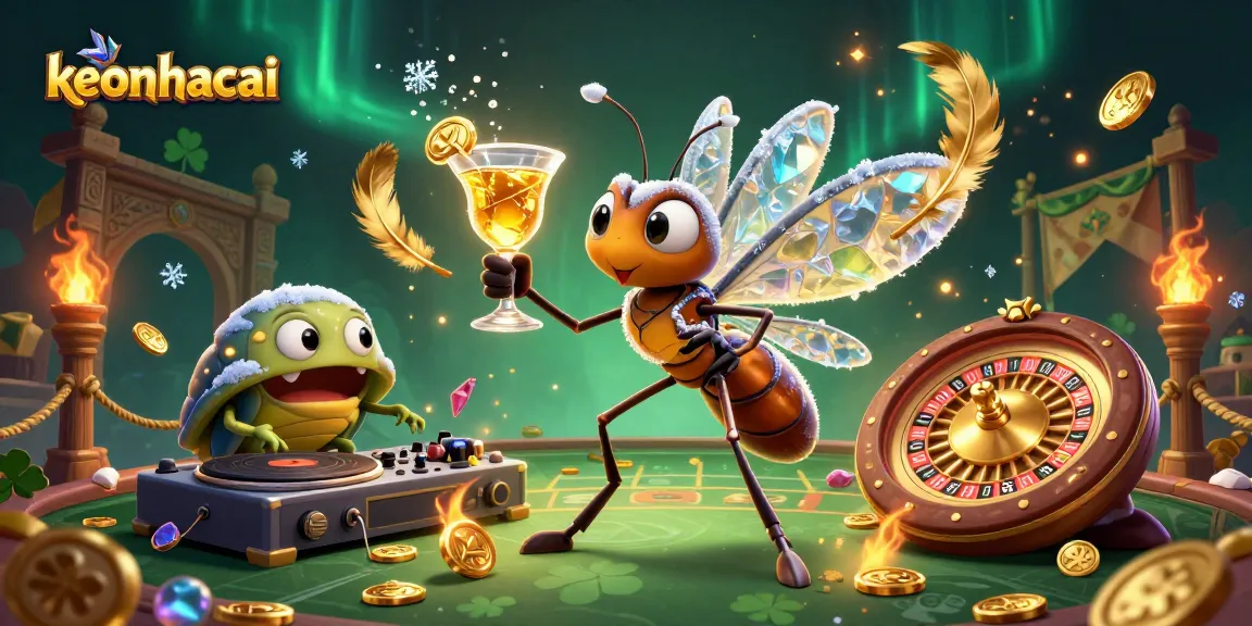 Experience keonhacai-inspired excitement with a vibrant casino mascot scene featuring a frozen mosquito, trilobite DJ, and roulette wheel.