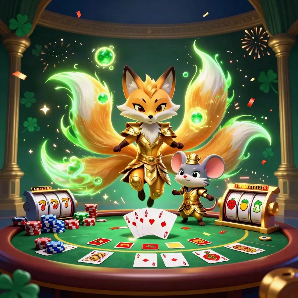 Nine-tailed neon fox and armored mouse amid casino props in an emerald-gold glow.