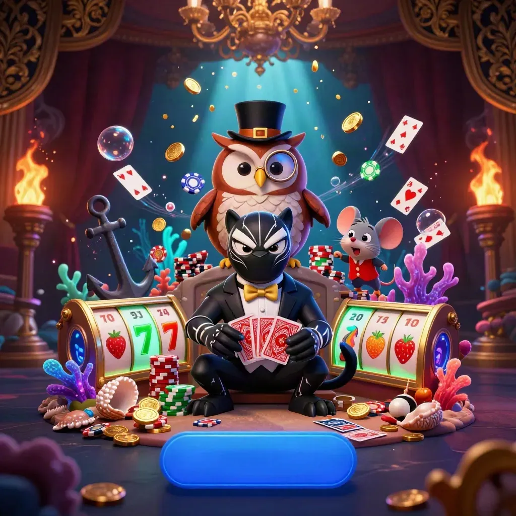 Tuxedo panther, owl, and mouse amid treasure, glowing reels, and gold casino light