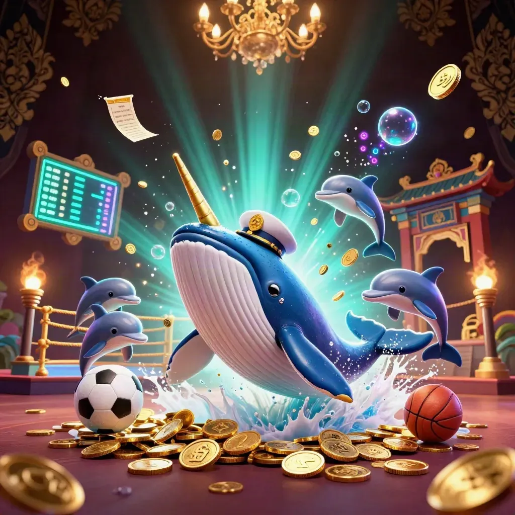 Cartoon whale captain, narwhal, and dolphins burst through coins with balls and casino props