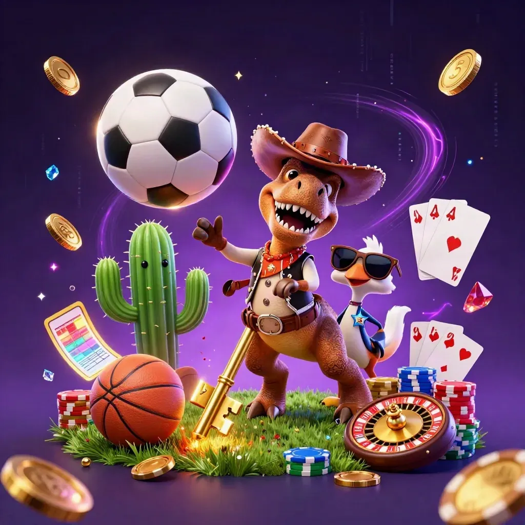 Cowboy T-Rex, cactus, and roadrunner amid casino chips, coins, and a glowing soccer burst.