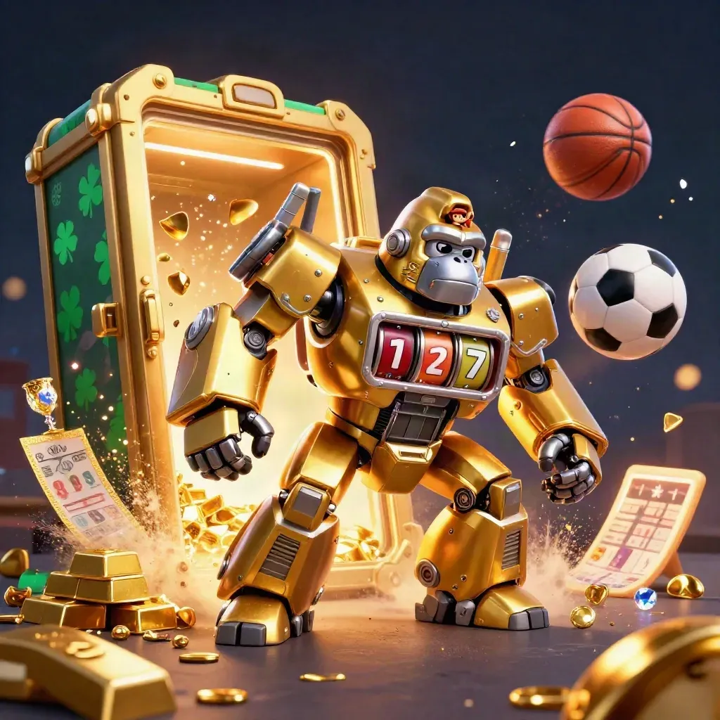 Golden gorilla slot mech with monkey pilot, soccer and basketball, vault gold, emerald casino glow.