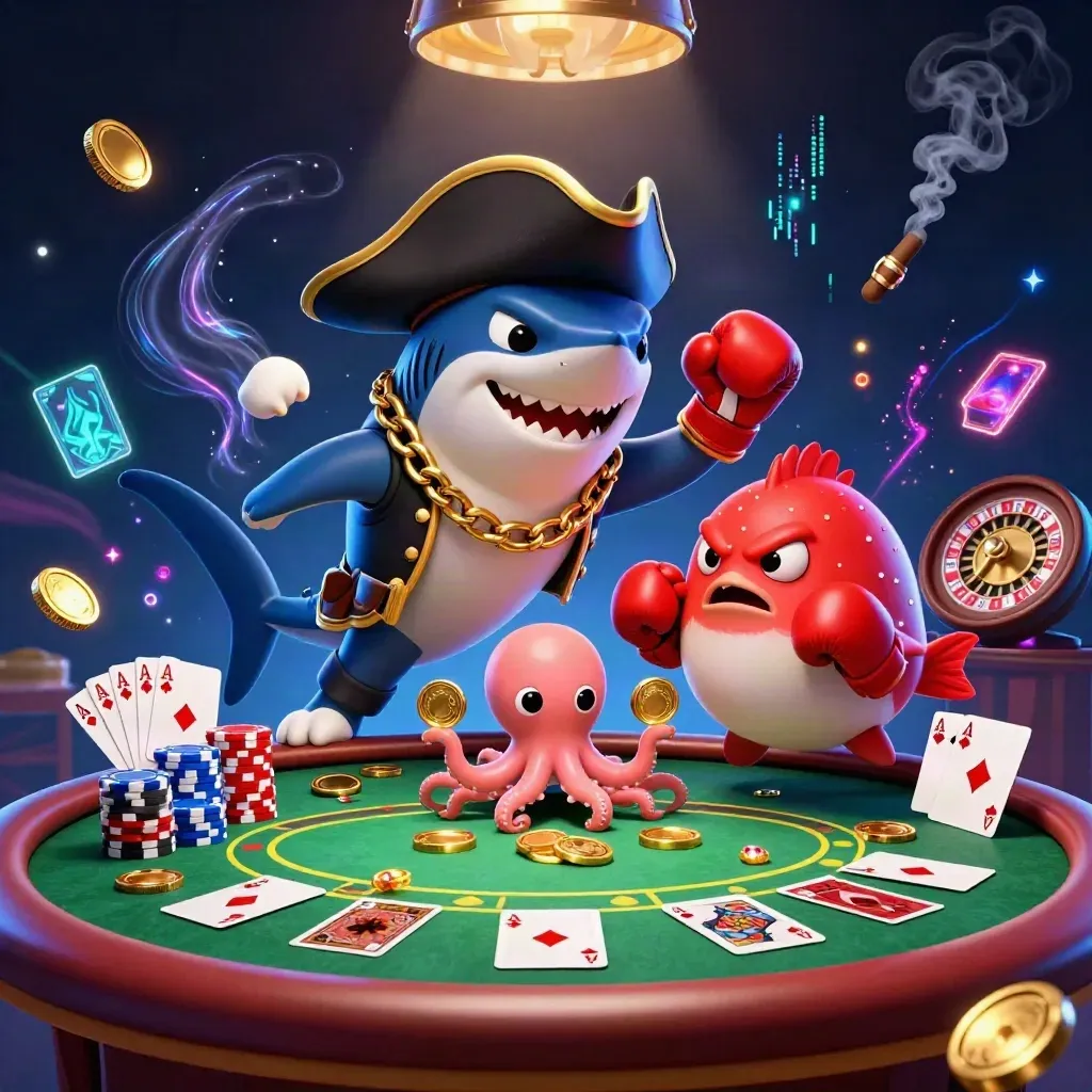 Shark pirate, boxing pufferfish, and coin-juggling octopus in a neon luxury casino.