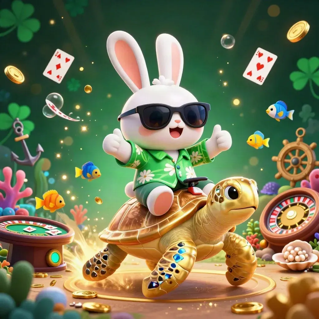 Lucky rabbit on golden turtle in jeweled underwater casino cove with roulette, cards, and glowing fish