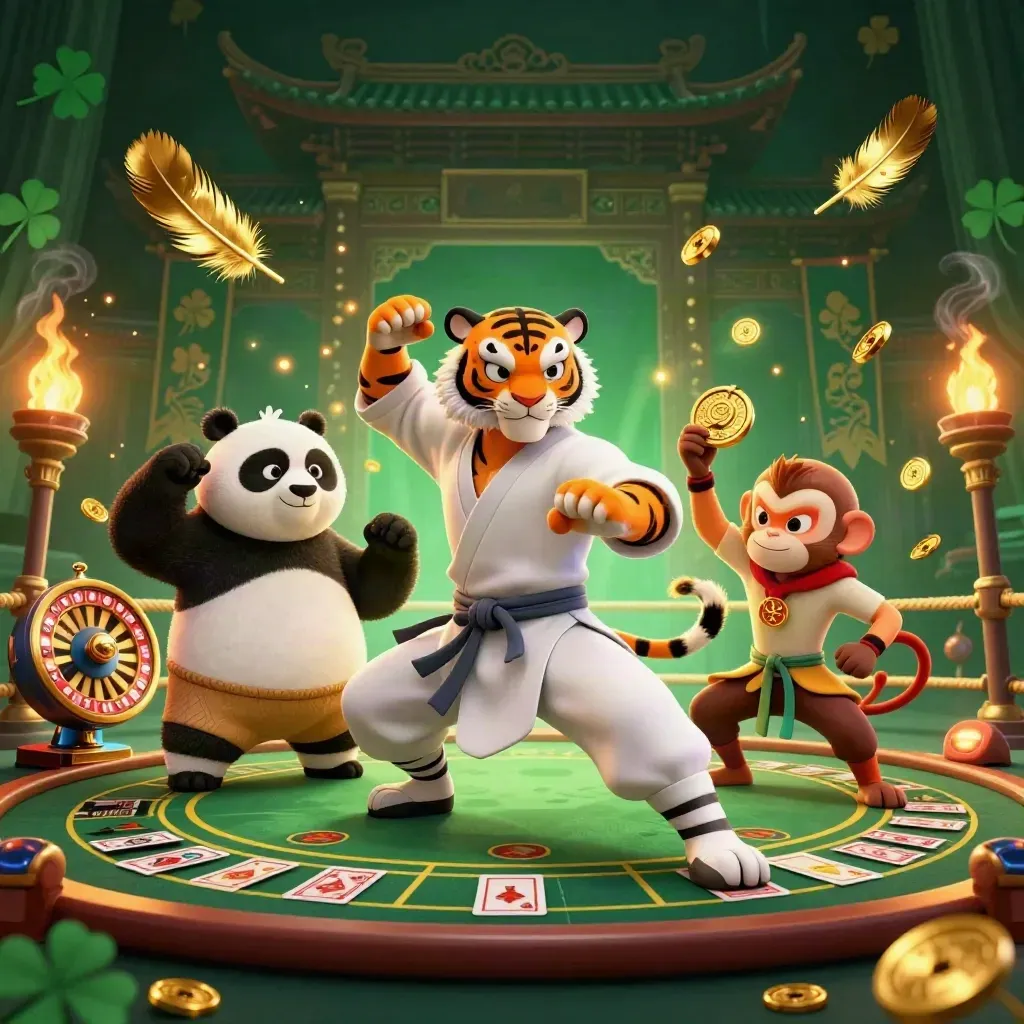 Kung-fu tiger, panda, and monkey in a torch-lit casino-temple with gold coins, cards, and neon glow