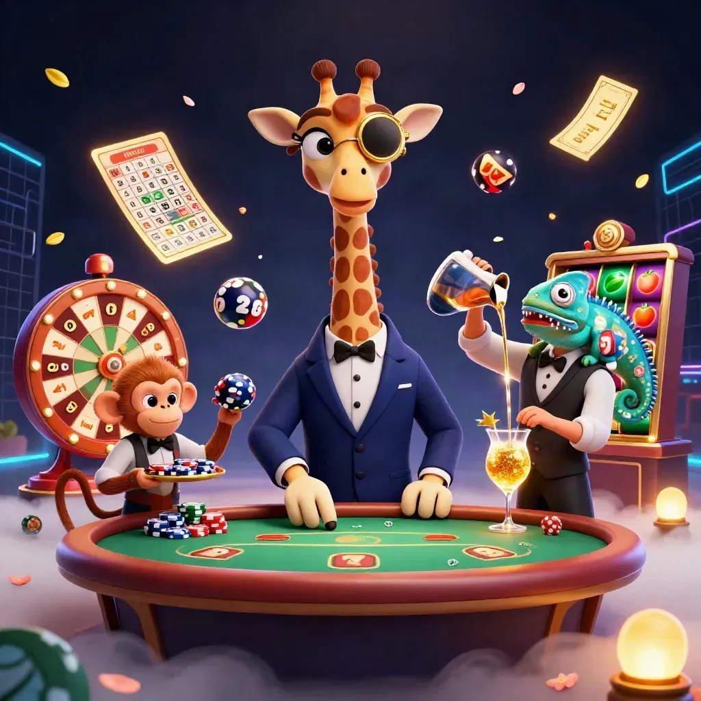 Giraffe high roller, monkey valet, and chameleon bartender with casino glow and flying game elements.