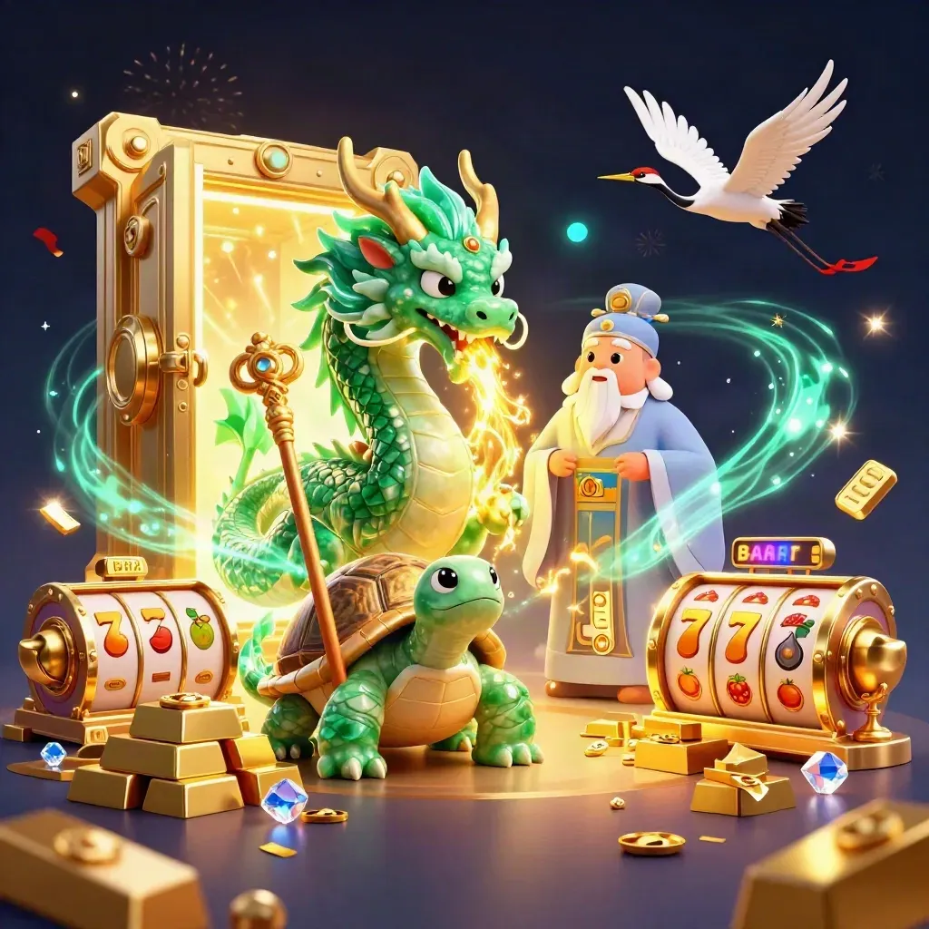 Emerald dragon, turtle sage and cranes amid a vault burst of gold, gems and neon energy.