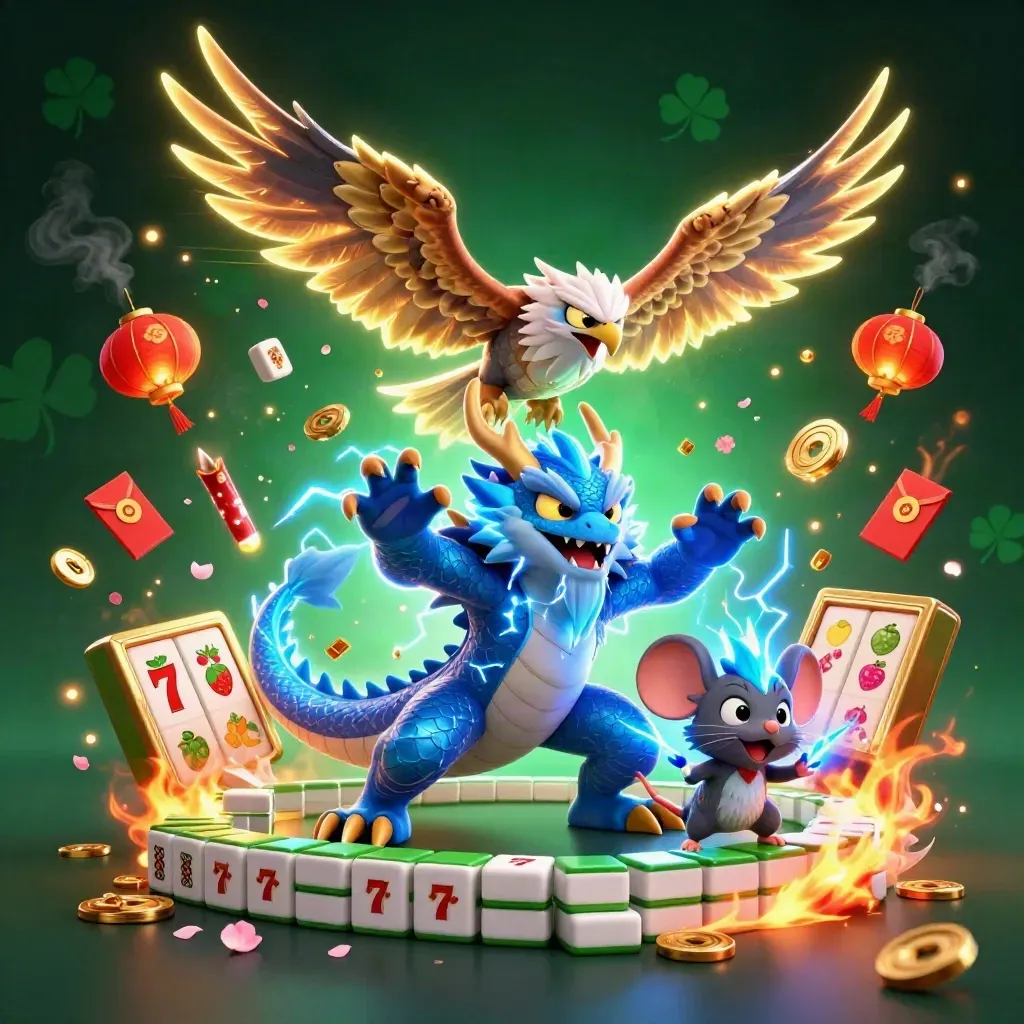 Thunder dragon, wind hawk and crackling mouse burst amid casino treasure and neon green sparks.