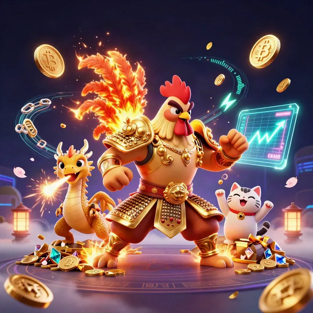 Rooster warrior, dragon hatchling, and fortune-cat amid neon coins, gems, and sparks