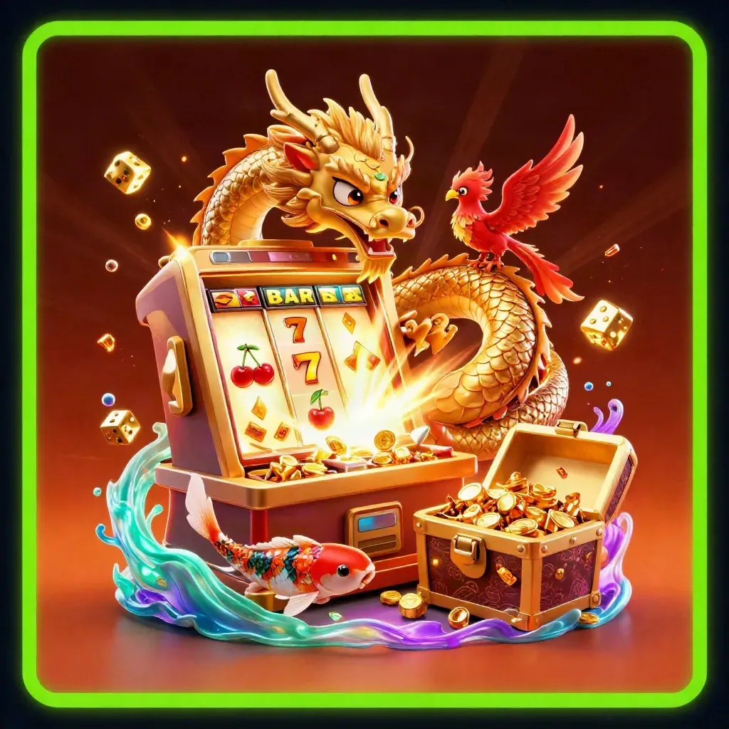 Golden dragon, phoenix, and koi amid exploding casino treasures and neon green glow.