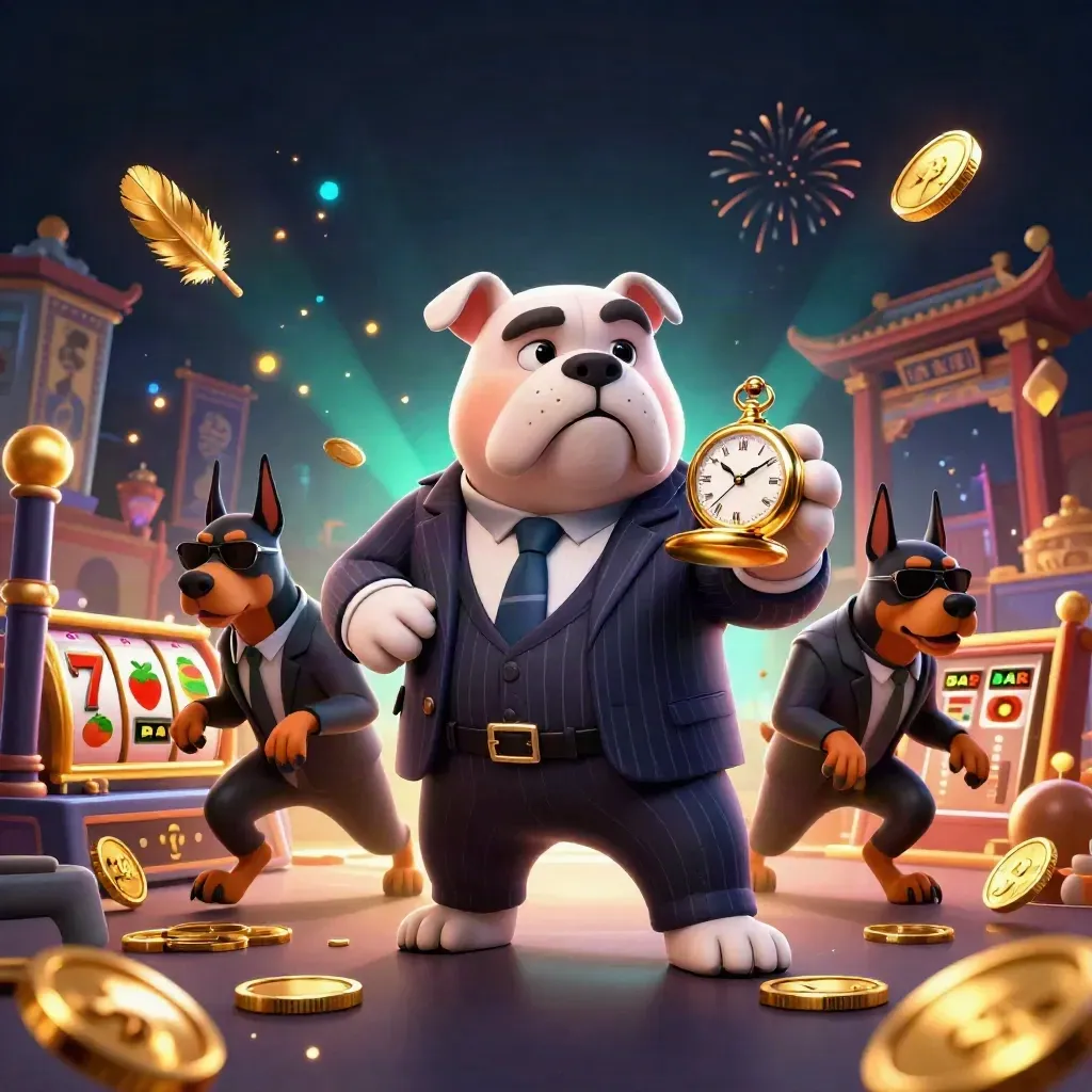 Bulldog boss and two Dobermans amid gold coins, reels, banners, and a glowing temple gate.