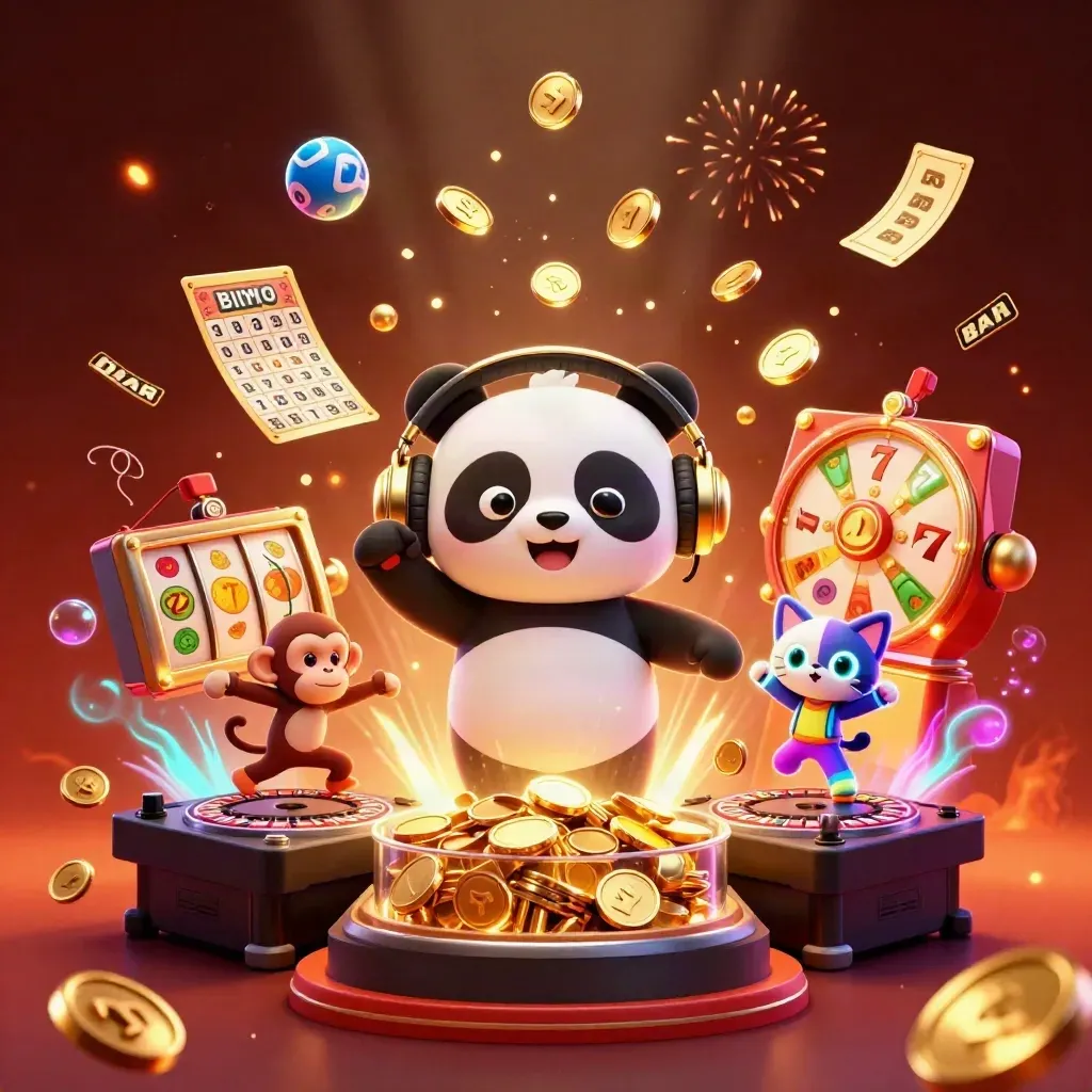 DJ panda, breakdancing monkey, and glow-stick kitten erupt amid coins, reels, fireworks.