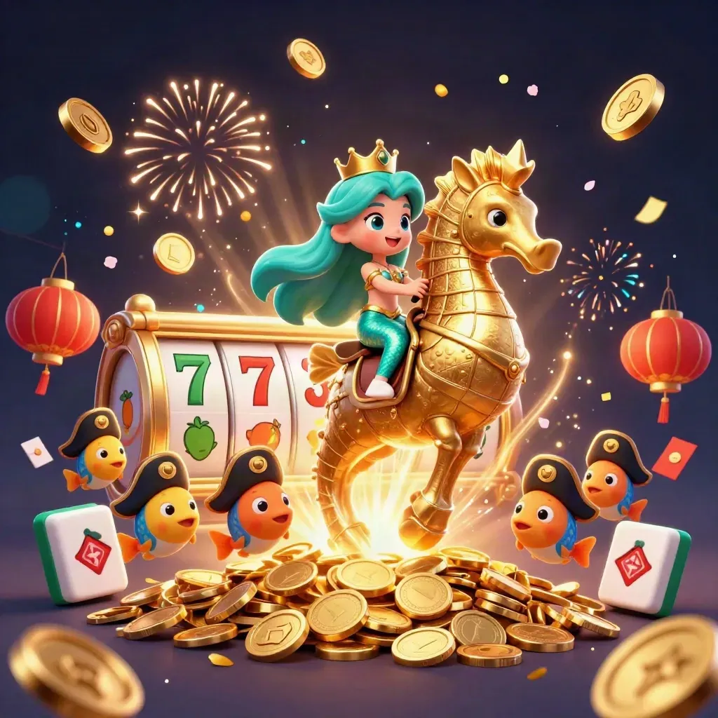Mermaid princess on a golden seahorse amid coins, fireworks, lanterns, and casino symbols.