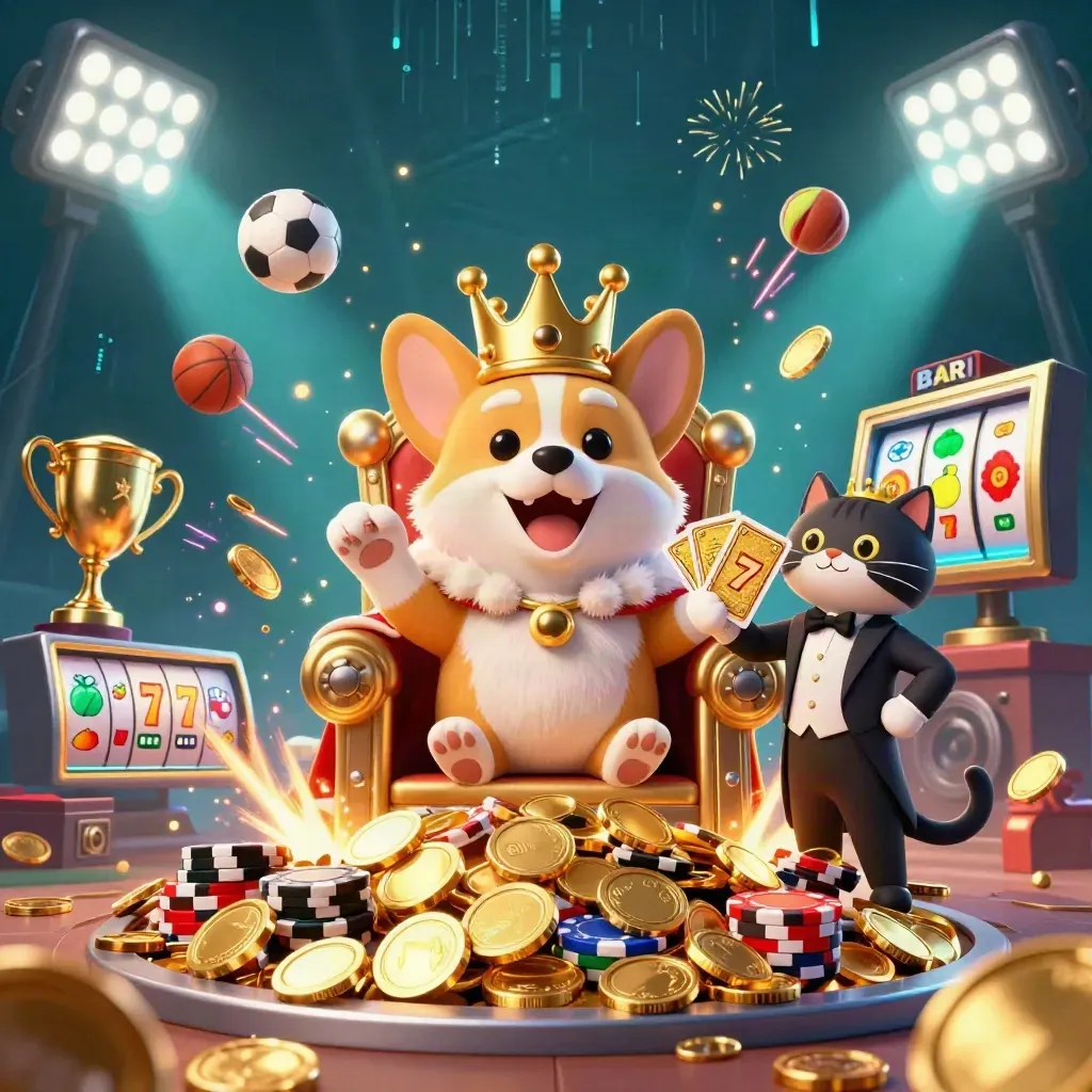 Royal corgi and cat butler celebrate amid coins, vault burst, sports balls, trophies, and neon casino lights.