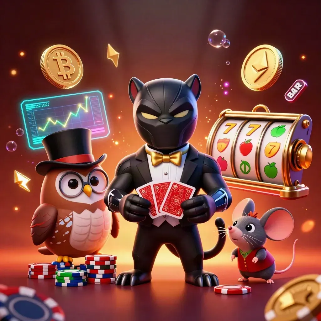 Panther, owl, and mouse in a casino tableau with coins, chips, reels, and neon effects.