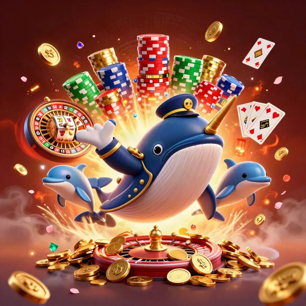 Captain whale, narwhal, and dolphins burst through coins, chips, cards, and glowing casino effects.