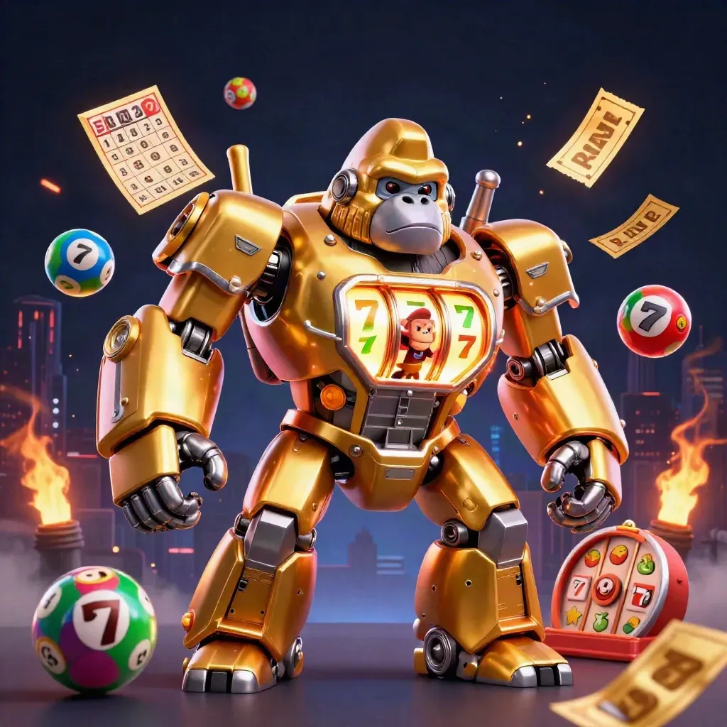 Golden gorilla slot mech with monkey pilot, reels, balls, wheel, and city glow
