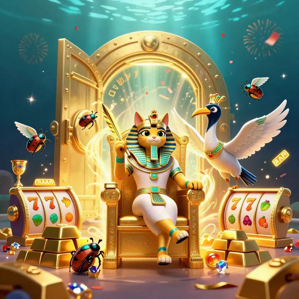 Egyptian pharaoh cat and ibis scribe amid gold vault bursts and casino symbols.