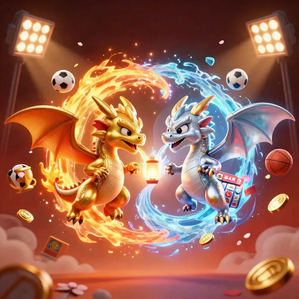 Gold and silver dragons in a fiery icy yin-yang with casino rewards and sports icons