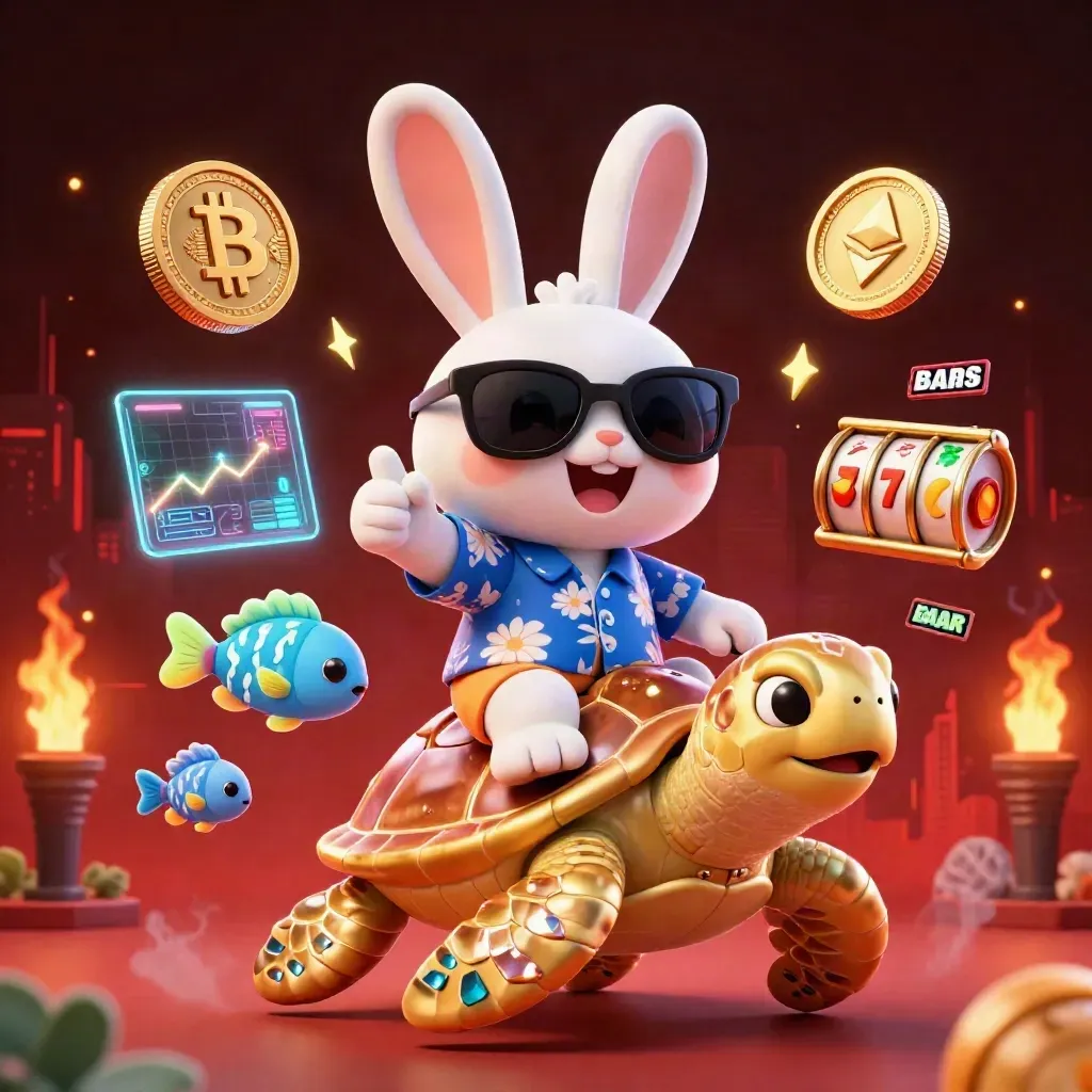 Lucky rabbit rides a gold sea turtle amid neon coins, fish, and city glow.
