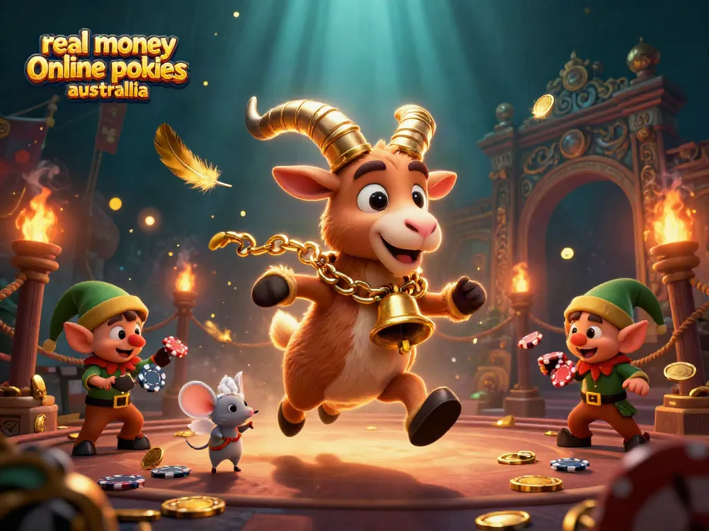 Engaging illustration of real money online pokies Australia themed characters in a vibrant casino.