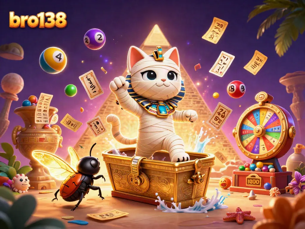 Experience the thrill of bro138 as the mummy cat springs into action amid a vibrant pyramid casino scene.