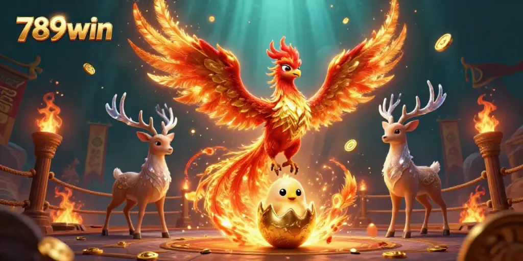 Experience the thrill of 789win with a vibrant phoenix scene in a casino setting.