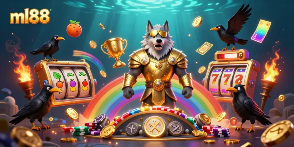 Engage with the vibrant ml88 gaming universe featuring Odin and ravens amidst dynamic casino elements.