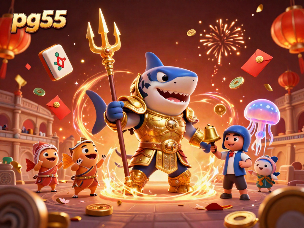 Engage with pg55's thrilling underwater colosseum featuring a fearless tiger shark in gladiator armor.