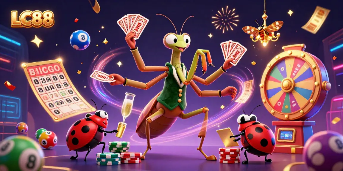 Engage in thrilling gameplay with LC88 as a giant praying mantis card sharp pours champagne amid colorful lottery balls.