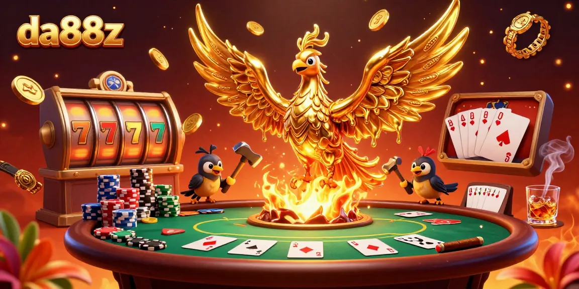 Engage with da88z through an interactive casino scene featuring a golden phoenix and gambling elements.