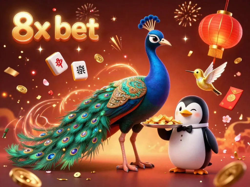 Win big with 8x bet in a vibrant 3D casino illustration featuring lively characters and festive elements.