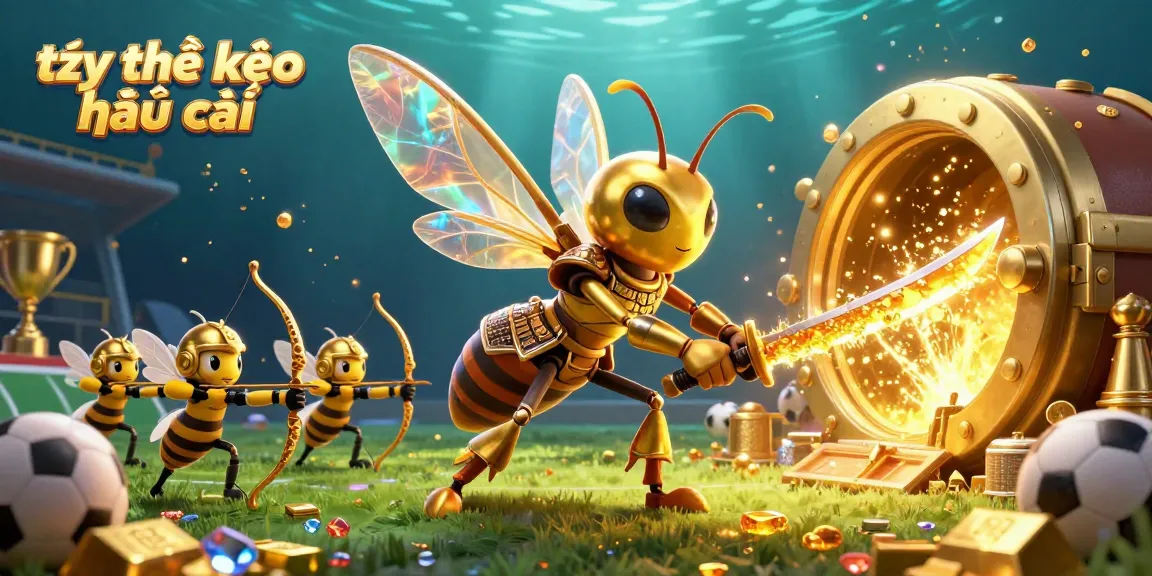 Experience thrilling tỷ lệ kèo nhà cái action with a dynamic sports betting illustration featuring gold, gems, and energetic characters.