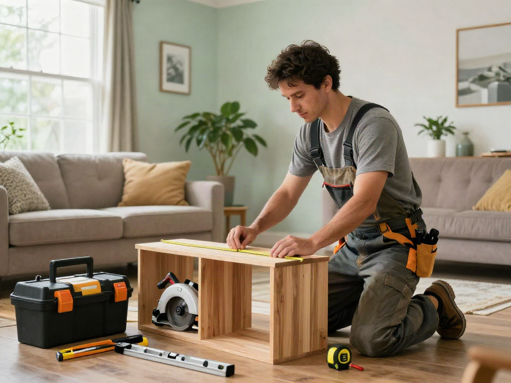Home repair services Des Moines Iowa featuring a contractor measuring wood in a beautifully lit living room.