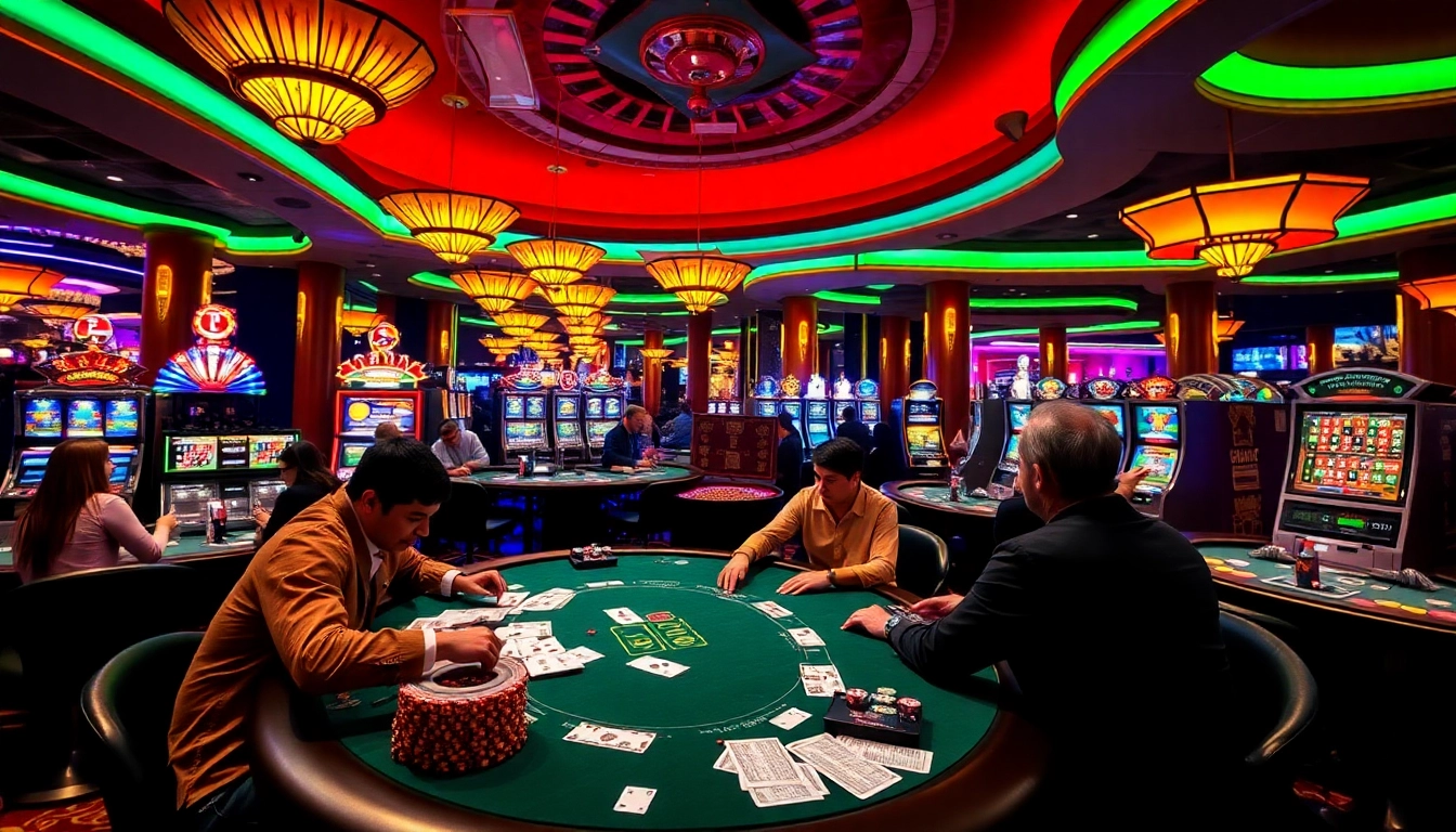 Players enjoying casino games at oxbet com tables, featuring poker chips and roulette.
