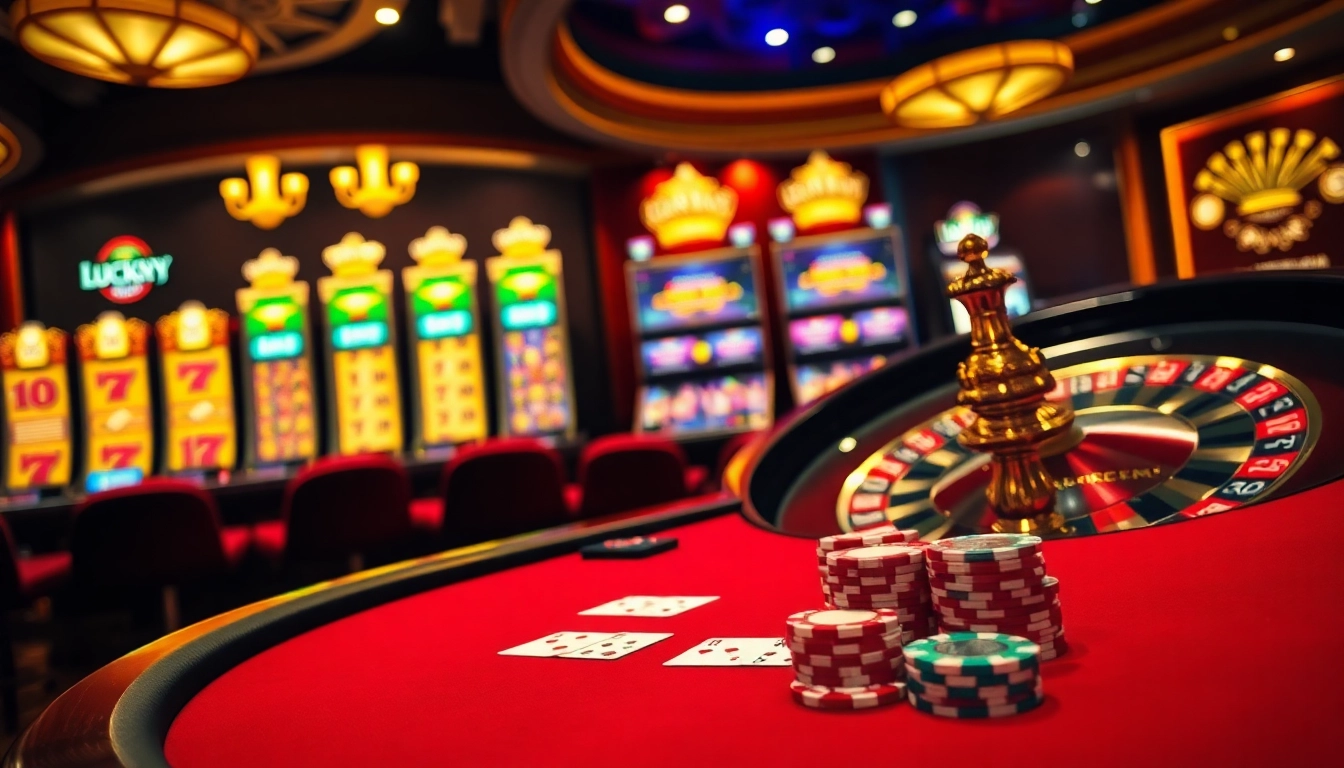 Exciting online gambling scene with poker and roulette emphasizing luckywin com.