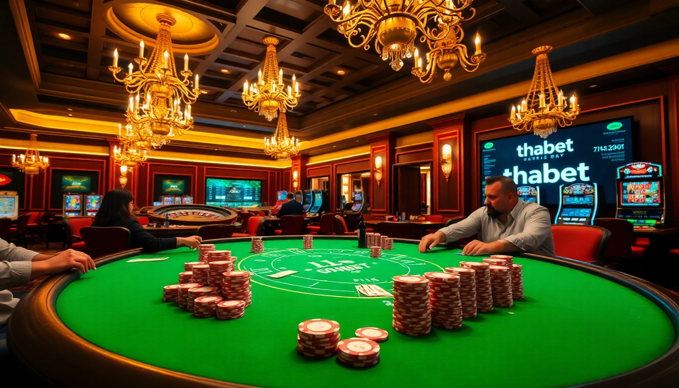 Thabet poker enthusiasts engage in high-stakes card games in a luxurious casino.