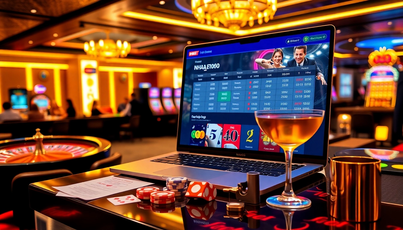 Engaging scene of Nhà Cái DEBET online gambling with vibrant casino elements and players enjoying games.