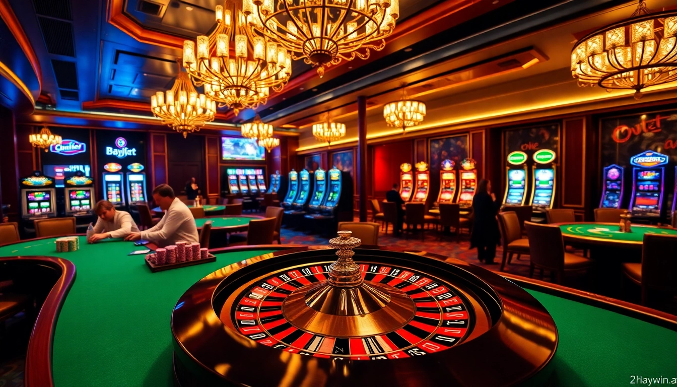 Engaging scene of gambling at https://2haywin.art/, featuring poker tables and roulette setup.