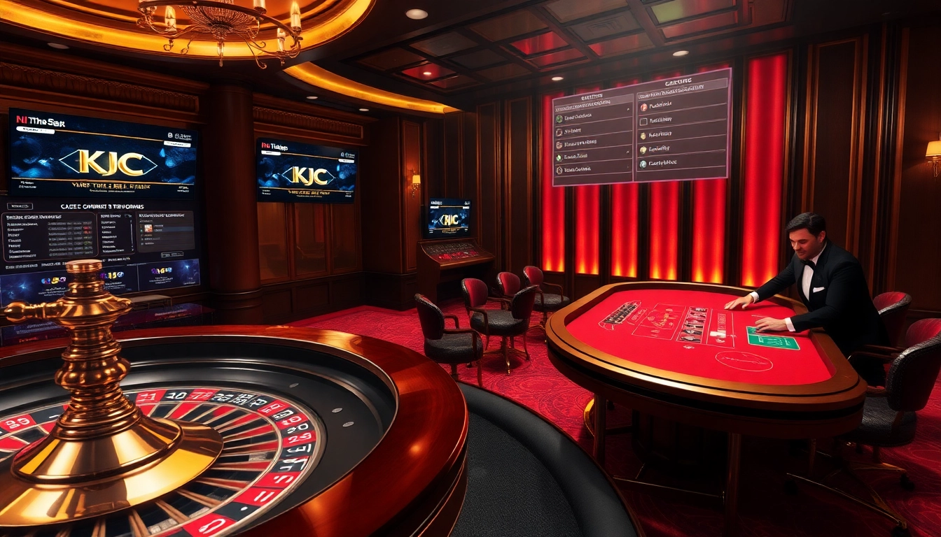 KJC casino scene featuring roulette wheel, poker chips, and blackjack table in a luxurious setting.