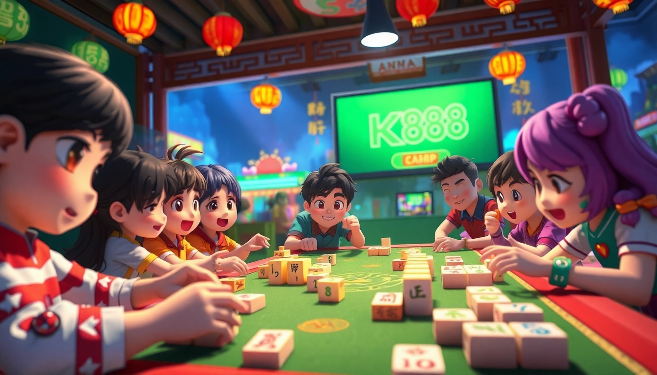 NK88 game characters engaging in a vibrant camp lottery setting with mahjong tiles.