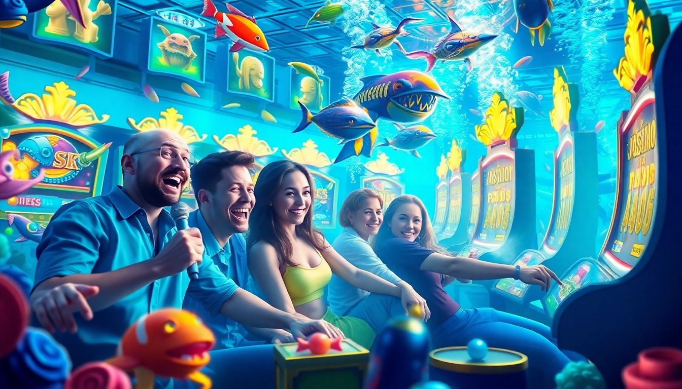 Bắn cá xn88 game featuring immersive underwater scenery with colorful sea creatures and excited players.